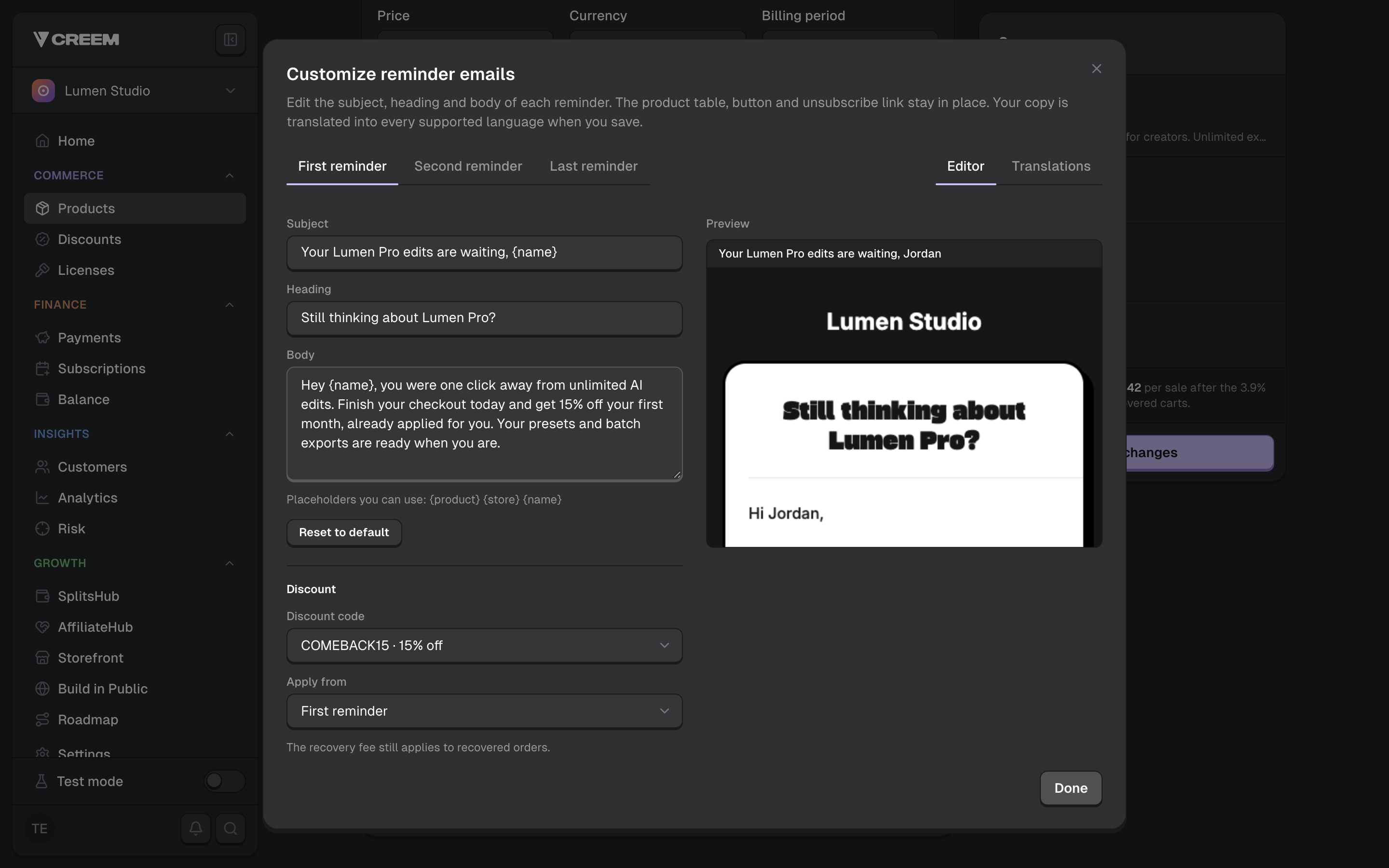 Customize your cart recovery emails