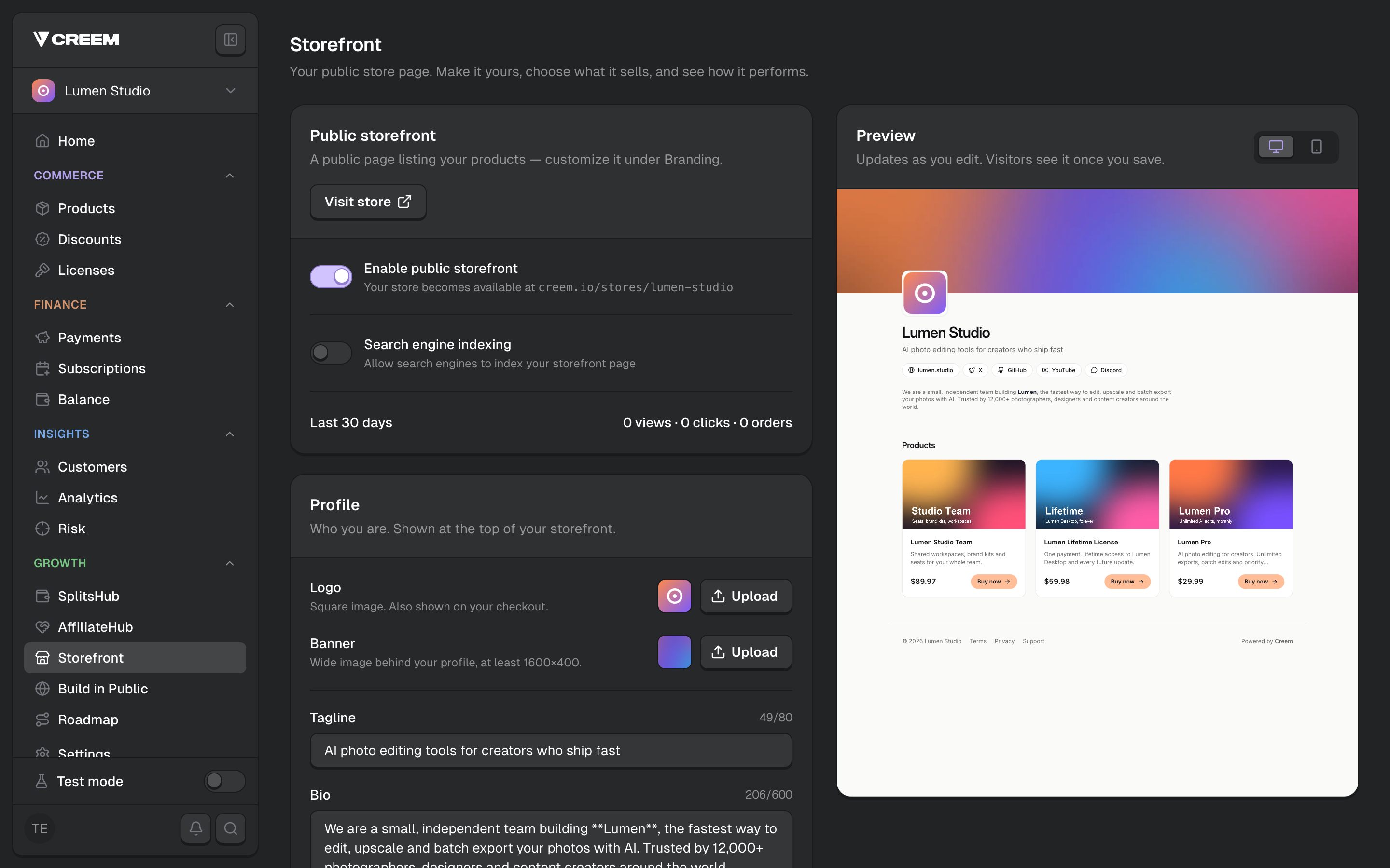 The storefront editor with live preview
