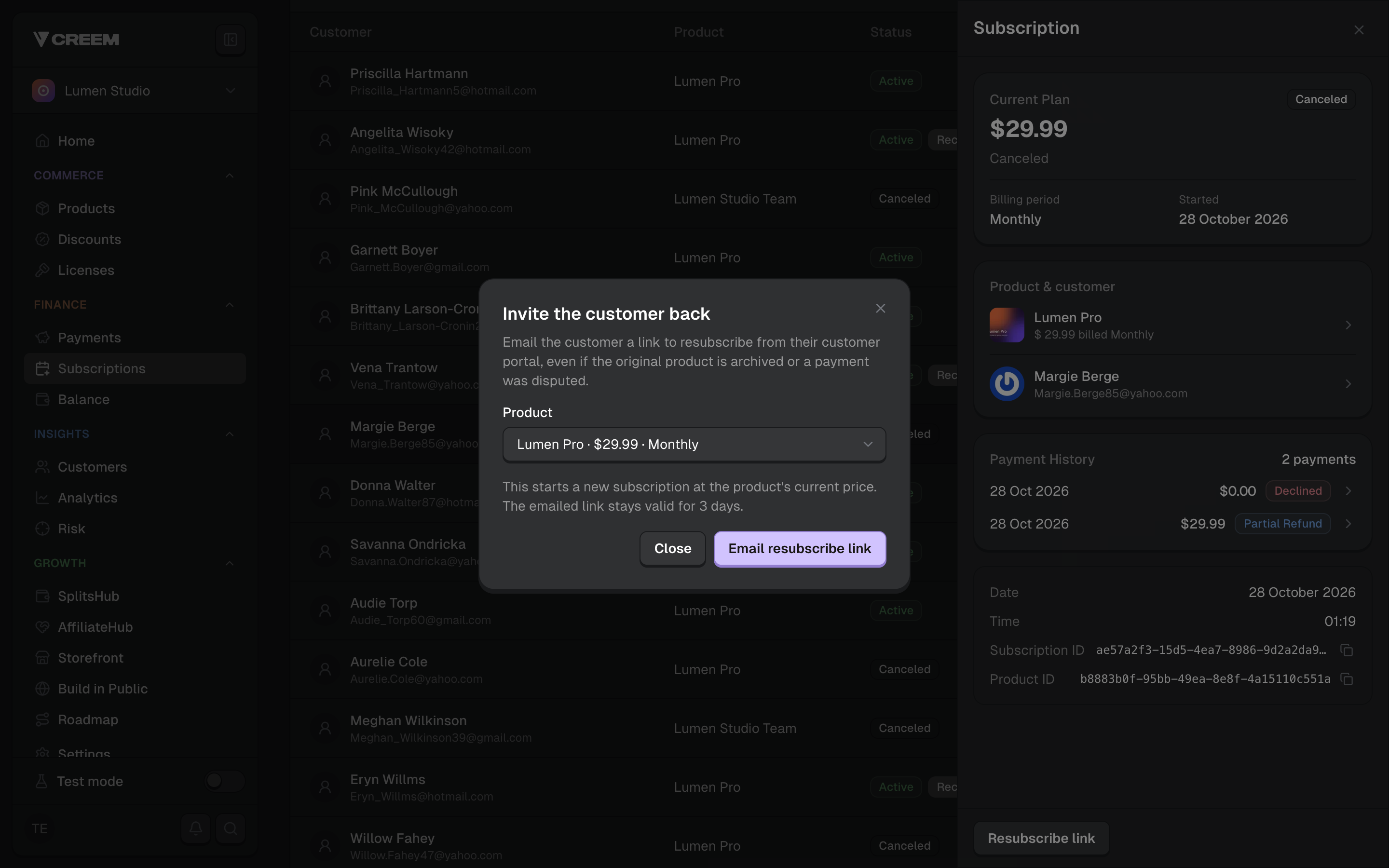 Invite a customer back with a resubscribe link