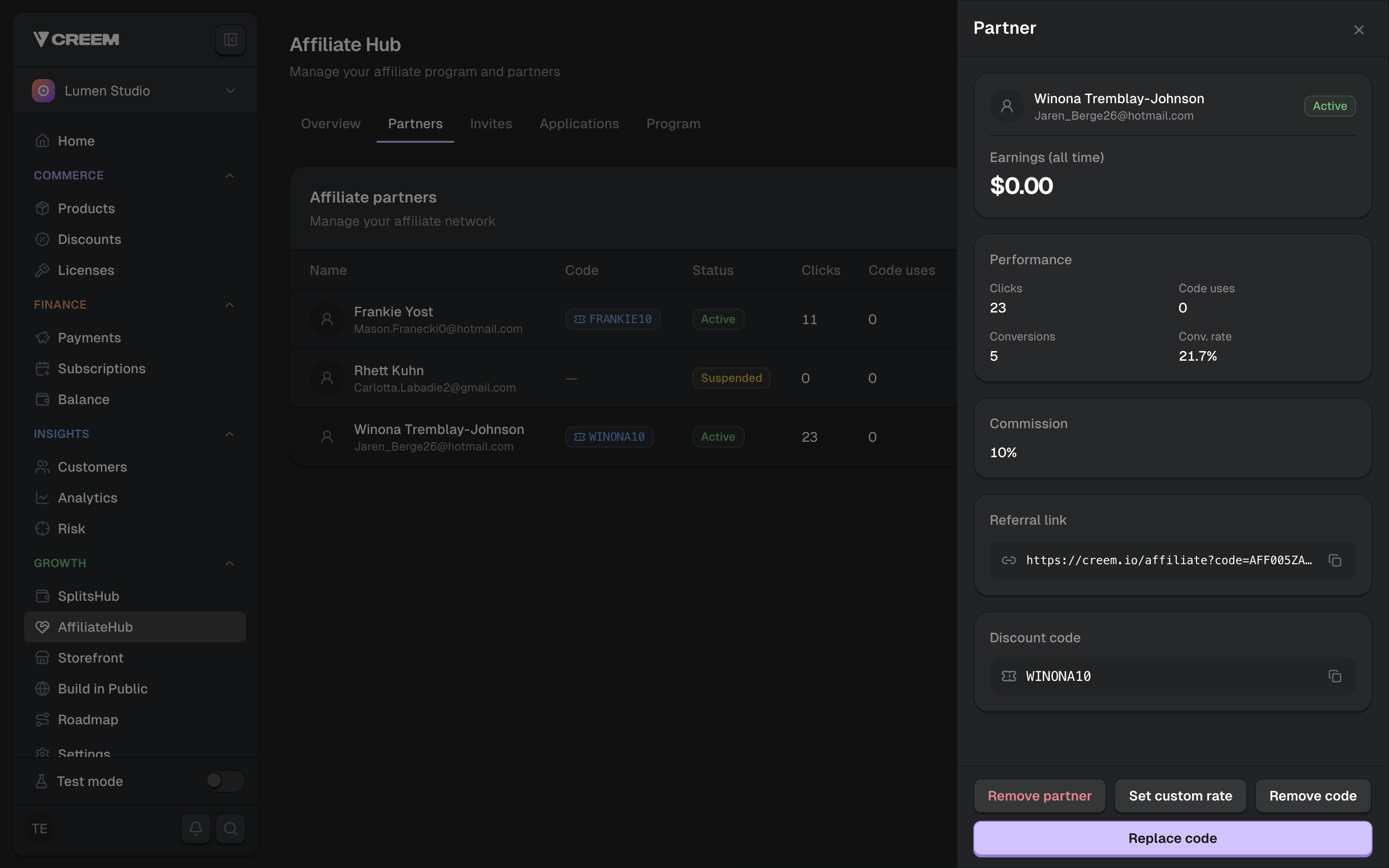 Partner referral links in the Affiliate Hub